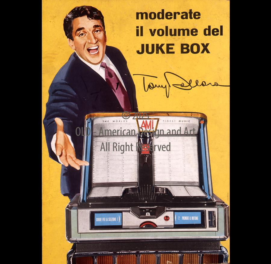 pubblicità in cartone di Tony Dallara " Moderate il volume del Juke Box ", Italia anni 50