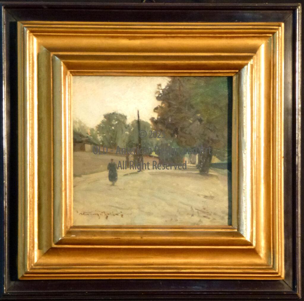 Venanzio Zolla " Lungo il Viale " Olio su Cartoncino