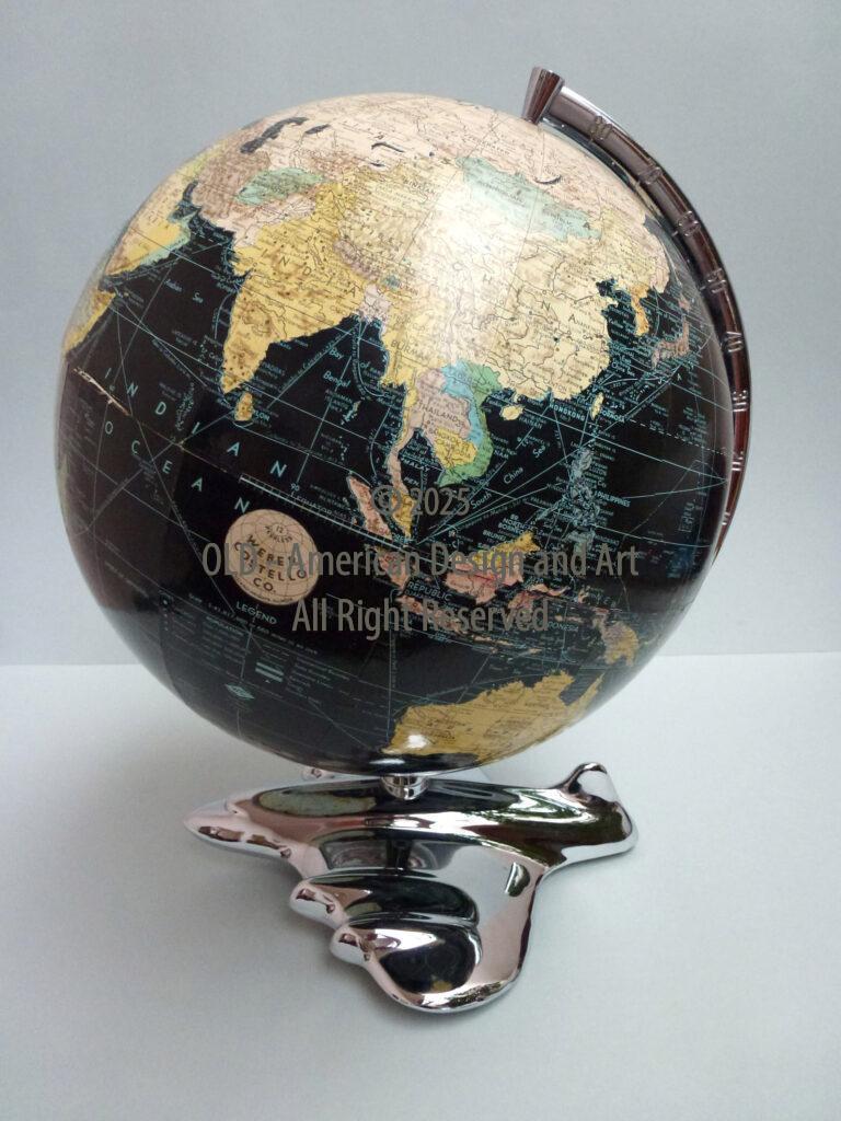 Mappamondo Weber Costello con mari neri e base in cromo fatta ad aereo , U.S.A. 1947