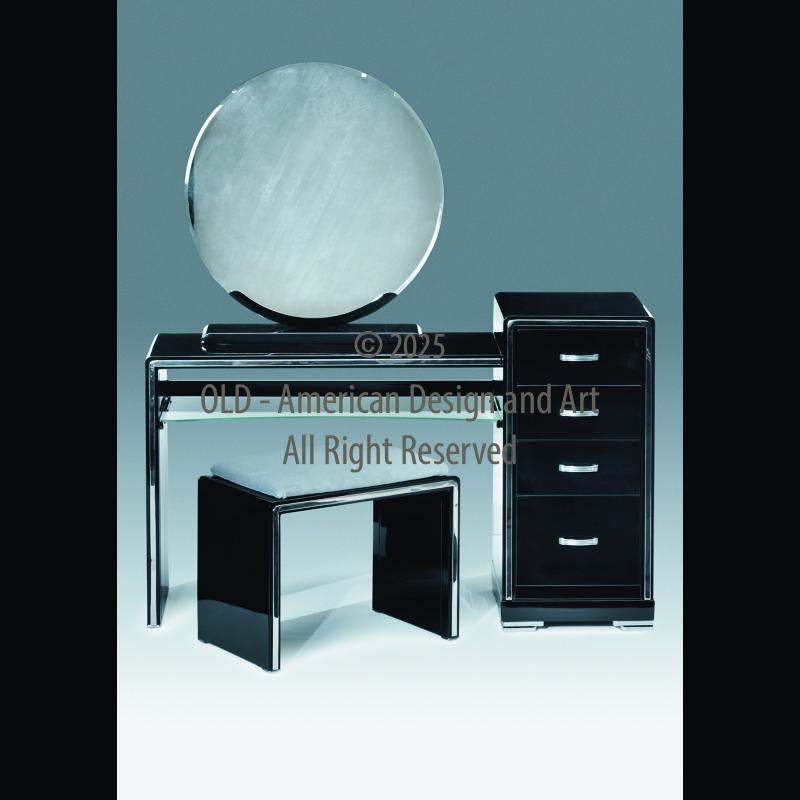 Norman Bel Geddes Dressing Table and mirror and stool prodotto da Simmons Co. U.S.A. 1932